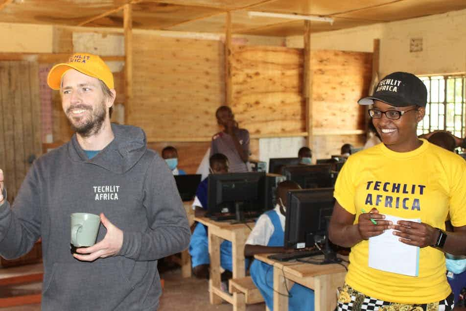 Tyler Cinnamon and Nelly Cheboi in Mogotio Primary classroom